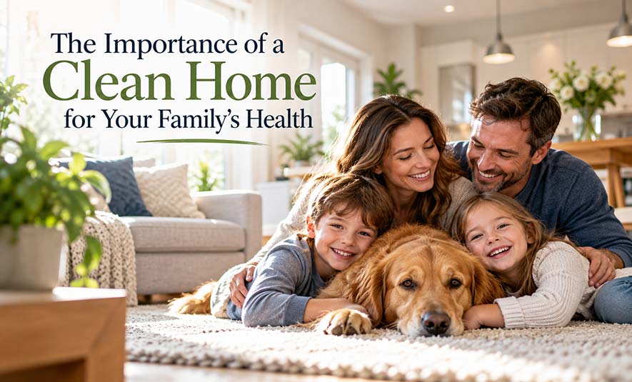 Happy family relaxing together in a clean, healthy home environment